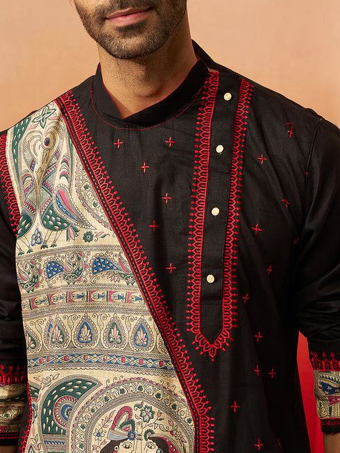 Vastramay Men Black Cotton High Neck Digital Print Kurta